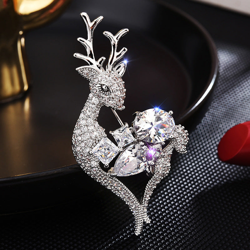 Christmas Deer Zircon Silver Brooch