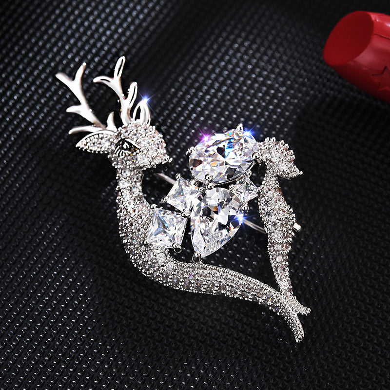 Christmas Deer Zircon Silver Brooch