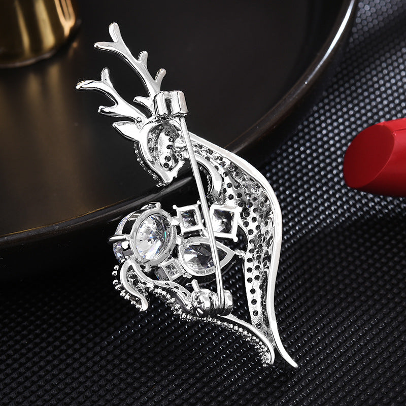 Christmas Deer Zircon Silver Brooch