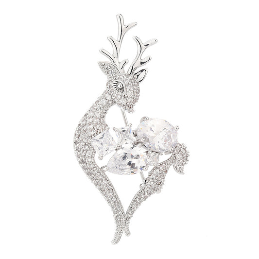 Christmas Deer Zircon Silver Brooch