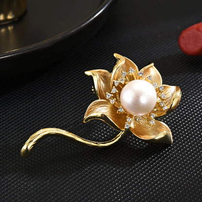 Freshwater Pearl Lotus Zircon brooch