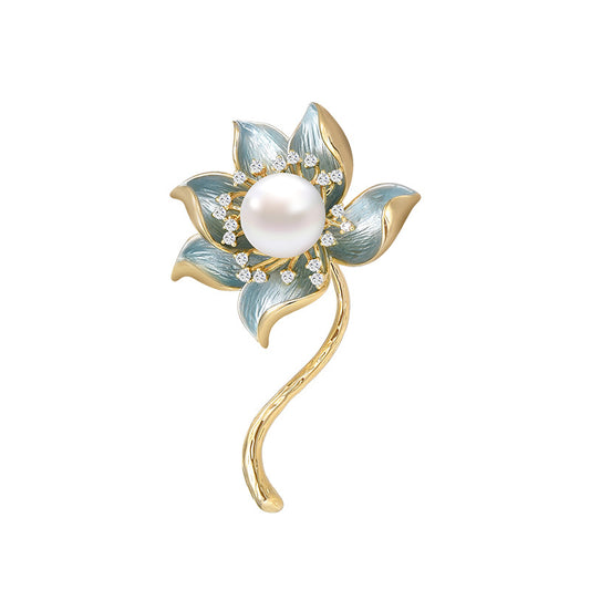 Freshwater Pearl Lotus Zircon brooch