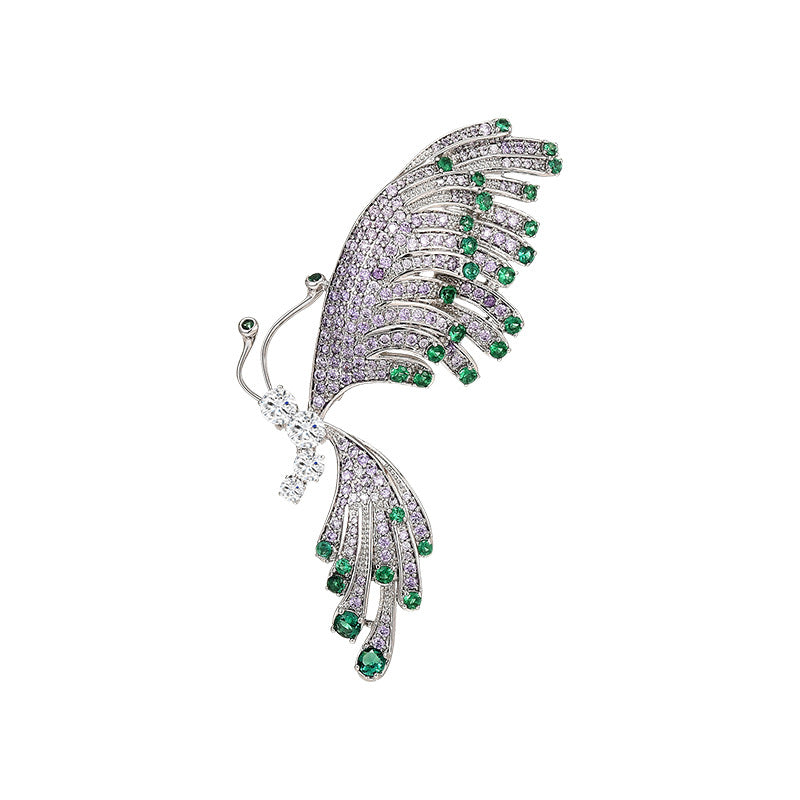 Emerald Zircon Butterfly Silver Brooch