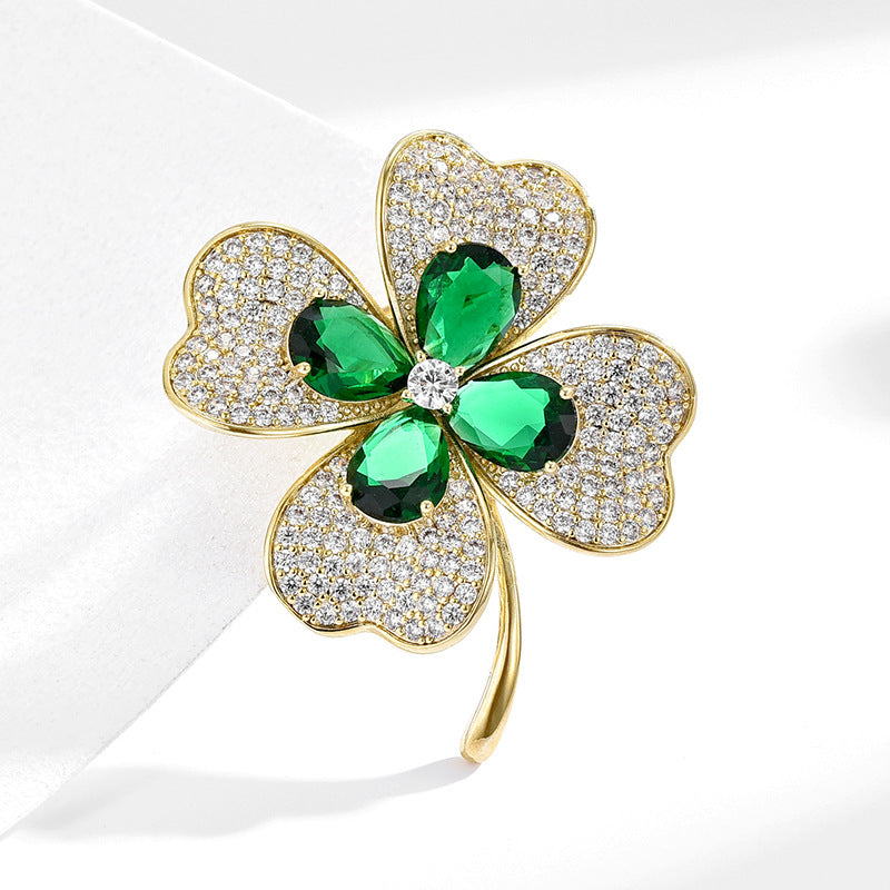 Classic Full Zircon Emerald Clover Brooch