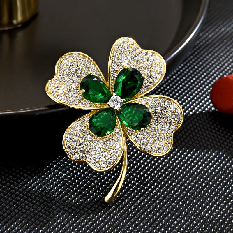 Classic Full Zircon Emerald Clover Brooch