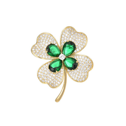 Classic Full Zircon Emerald Clover Brooch