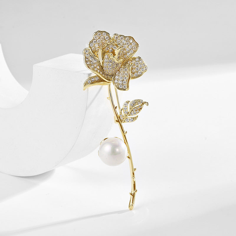 Pearl Zirconia Gold Rose Brooch