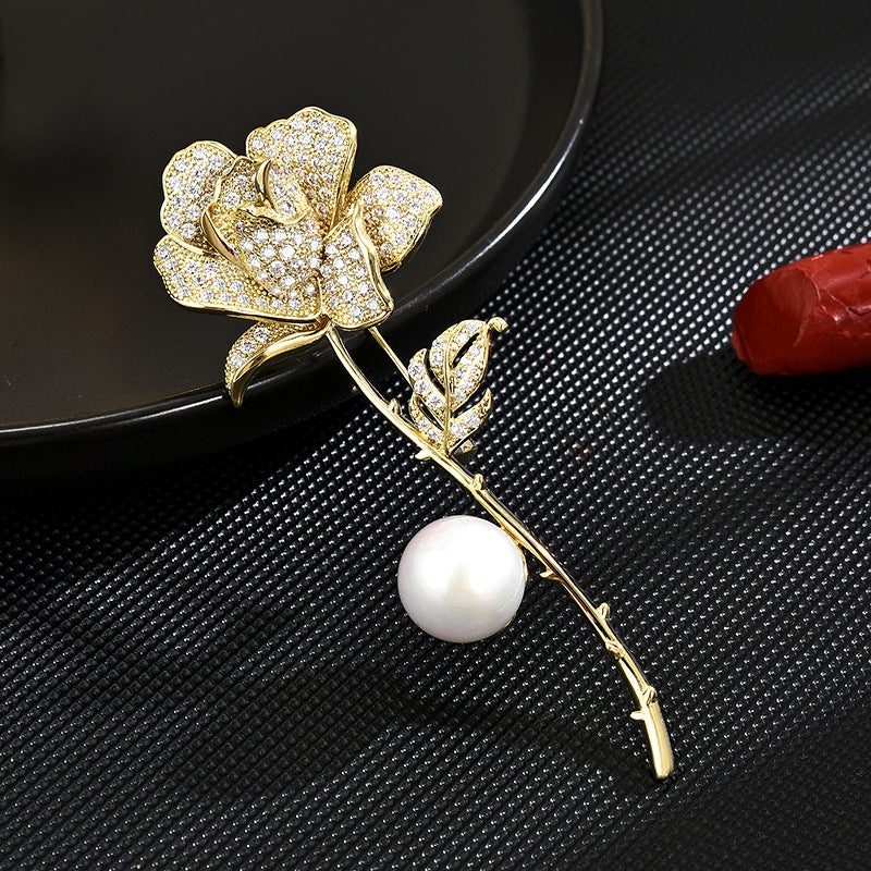 Pearl Zirconia Gold Rose Brooch