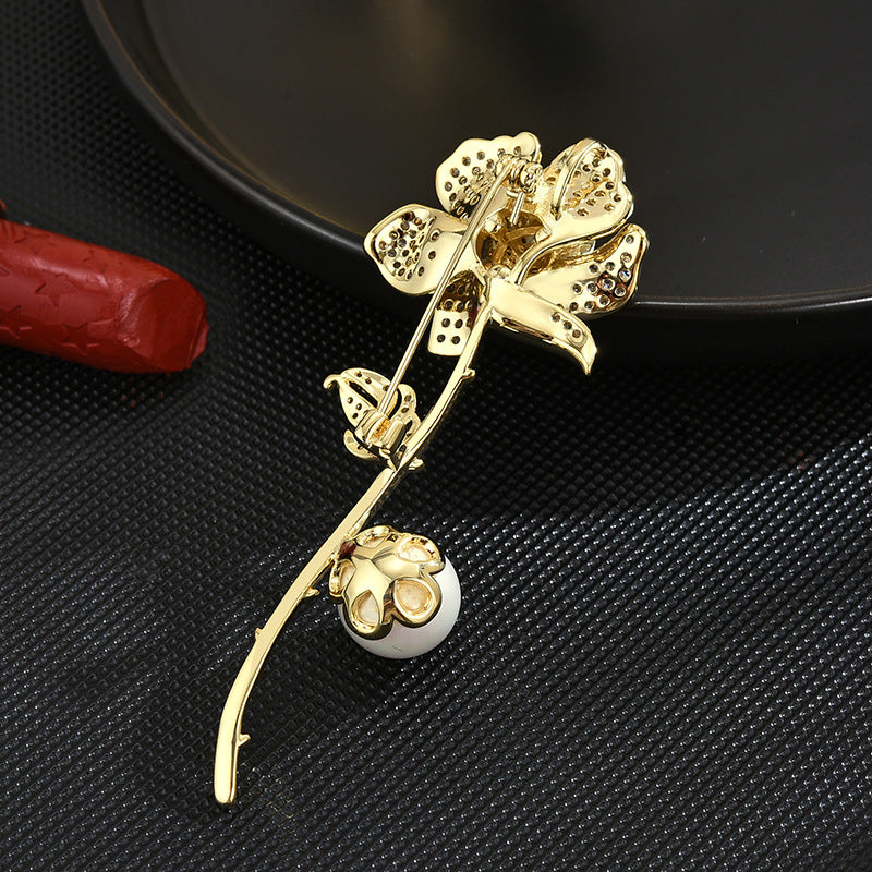 Pearl Zirconia Gold Rose Brooch