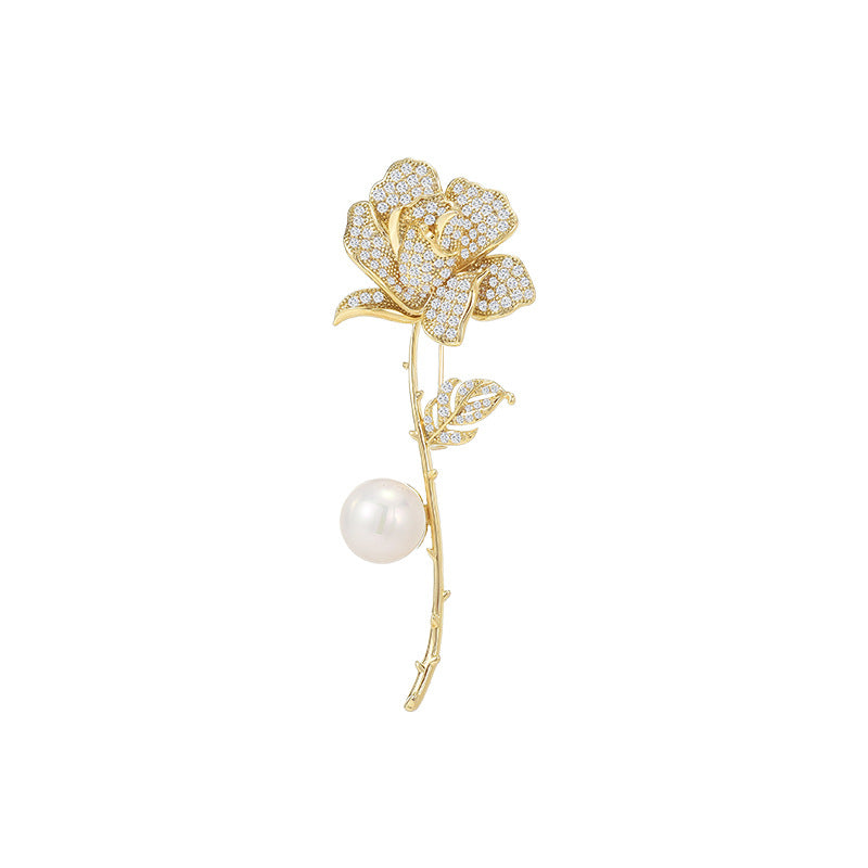 Pearl Zirconia Gold Rose Brooch