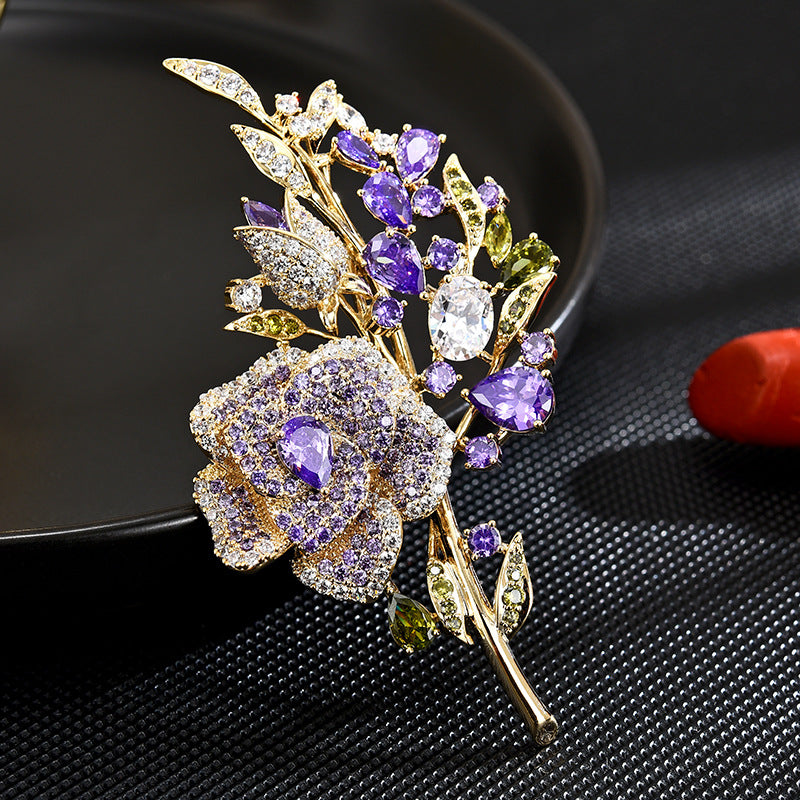 Full Zircon Crystal Camellia Brooch