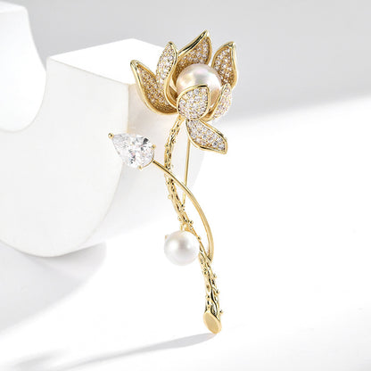 Pearl Crystal Gold Rose Brooch