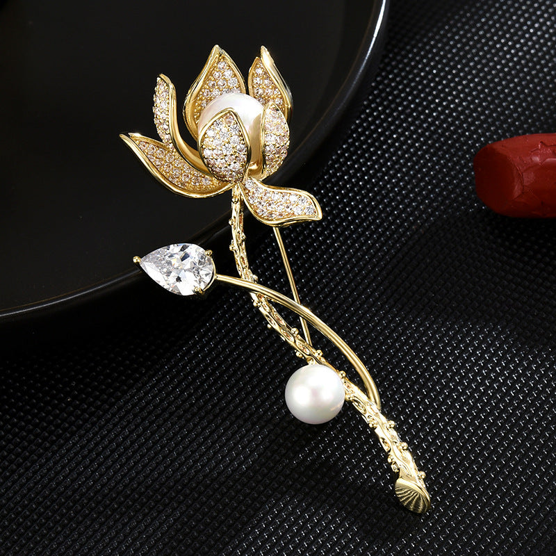 Pearl Crystal Gold Rose Brooch