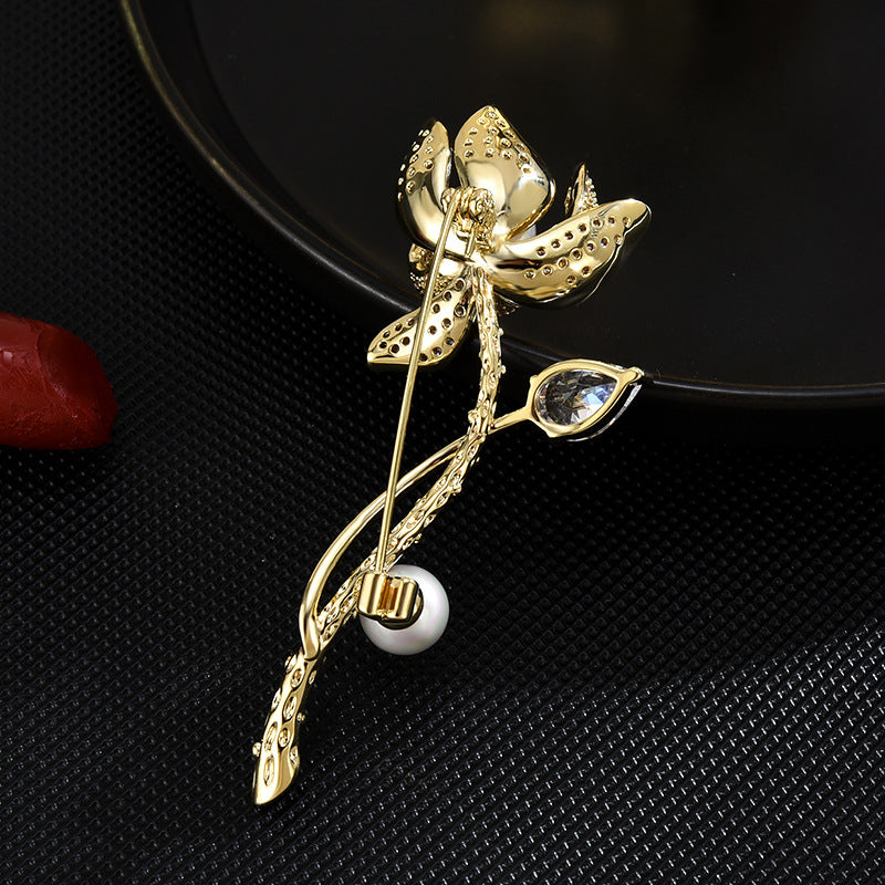 Pearl Crystal Gold Rose Brooch