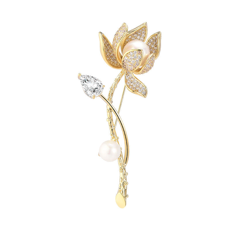 Pearl Crystal Gold Rose Brooch