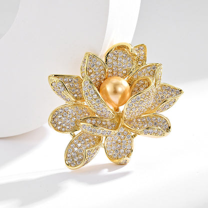 Pearl Zircon Gold Lotus Brooch