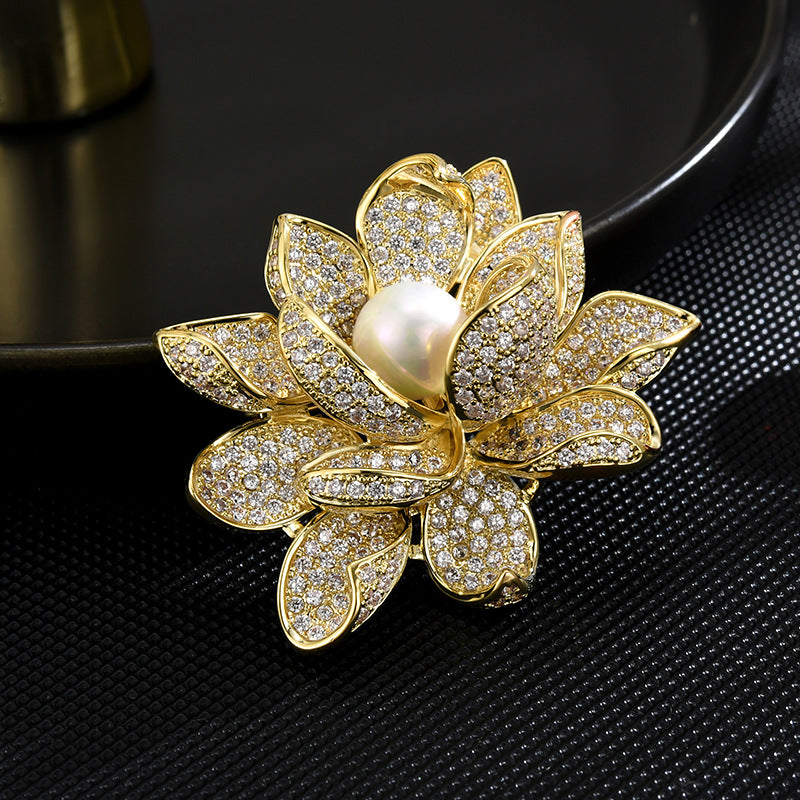 Pearl Zircon Gold Lotus Brooch