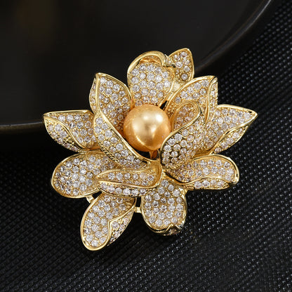 Pearl Zircon Gold Lotus Brooch