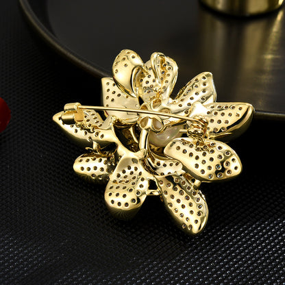 Pearl Zircon Gold Lotus Brooch