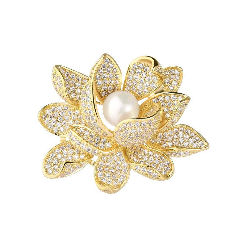 Pearl Zircon Gold Lotus Brooch