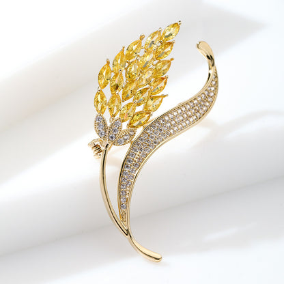 Gold Micro-inlaid Zircon Ear of Wheat Plant Brooch