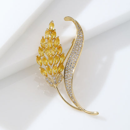 Gold Micro-inlaid Zircon Ear of Wheat Plant Brooch