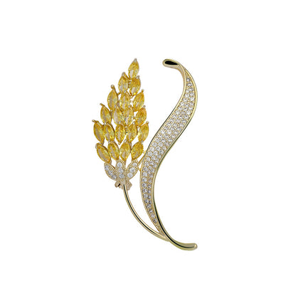 Gold Micro-inlaid Zircon Ear of Wheat Plant Brooch