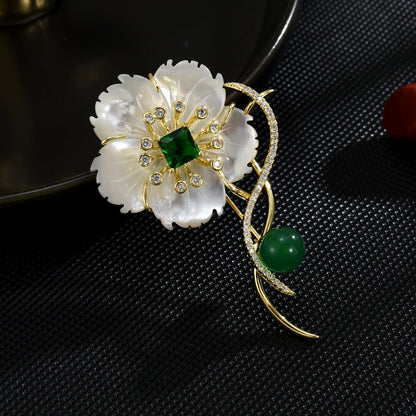 Emerald Mother-of-Pearl Plum Gold Brooch