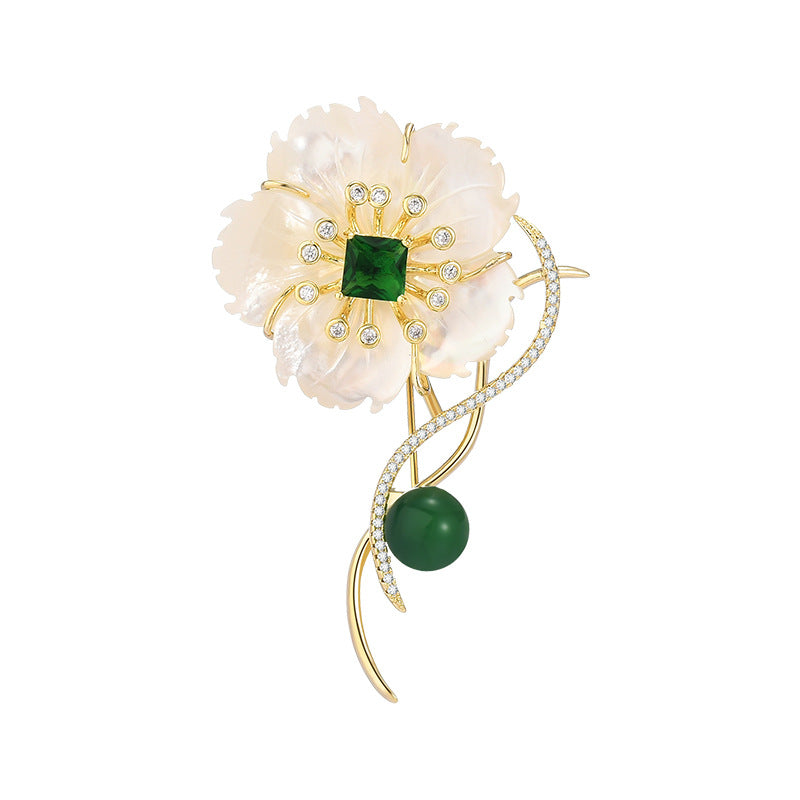 Emerald Mother-of-Pearl Plum Gold Brooch