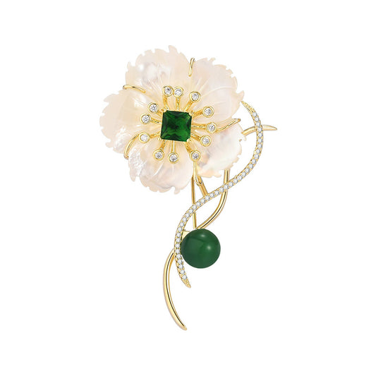 Emerald Mother-of-Pearl Plum Gold Brooch