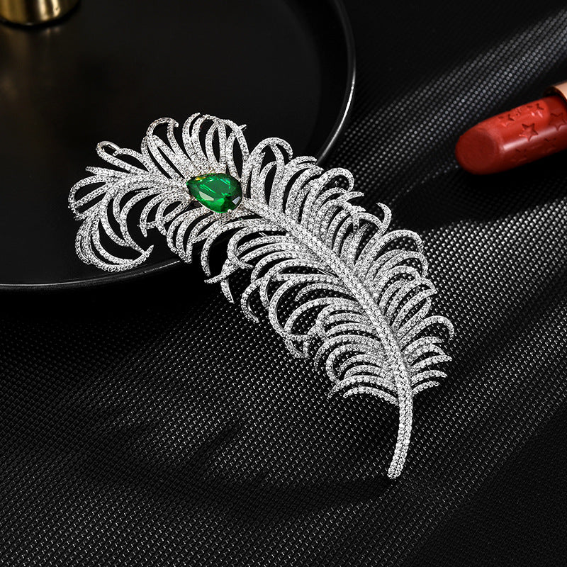 Emerald Diamond Feather Brooch