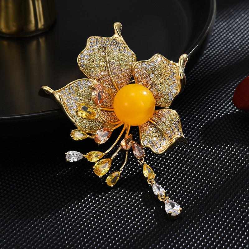 Tassel Amber Flower Plant Brooch