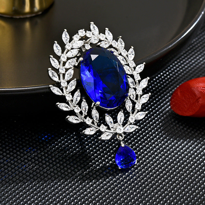 Sapphire Crystal Olive Leaf Brooch