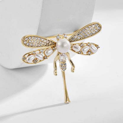 Little Dragonfly Freshwater Pearl Zircon Brooch