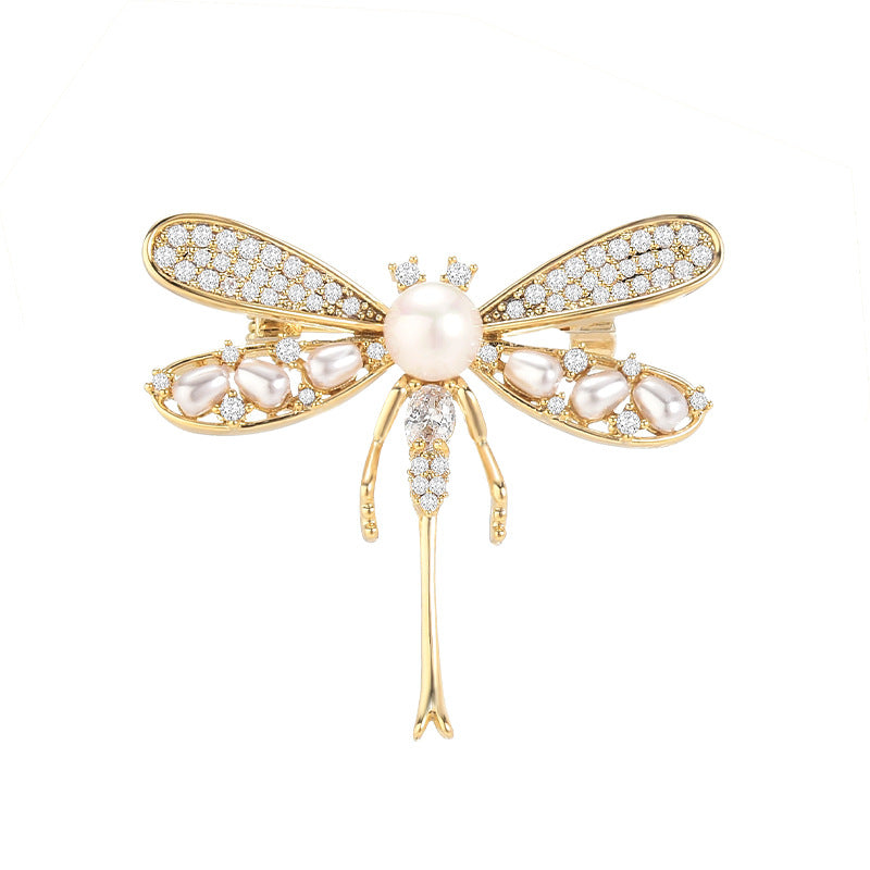 Little Dragonfly Freshwater Pearl Zircon Brooch