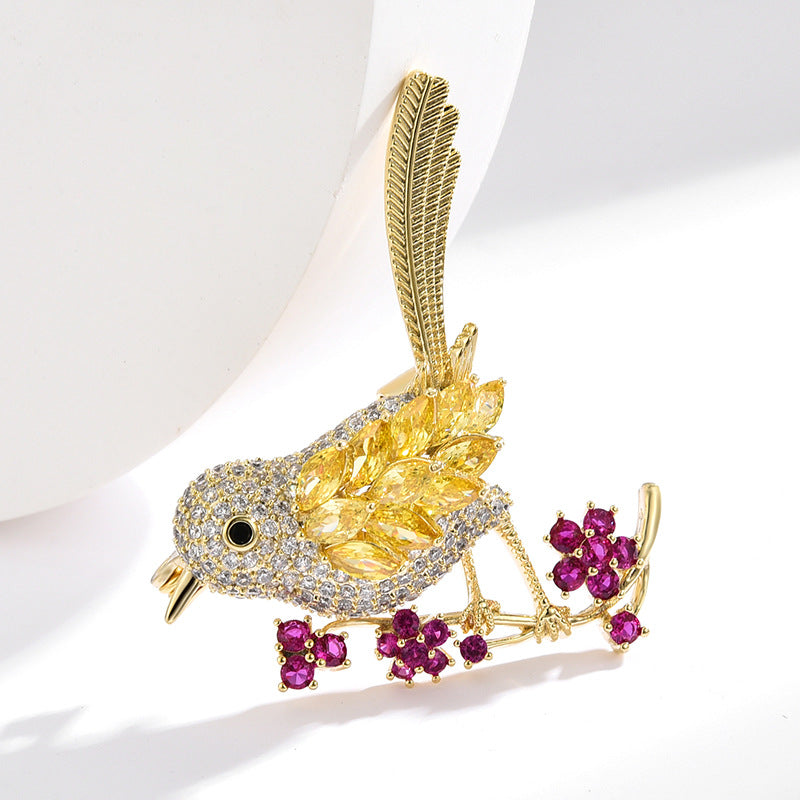 Gold Zircon Bird Cherry Bloom Brooch