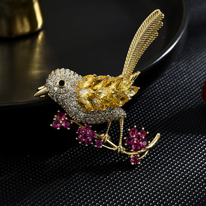 Gold Zircon Bird Cherry Bloom Brooch