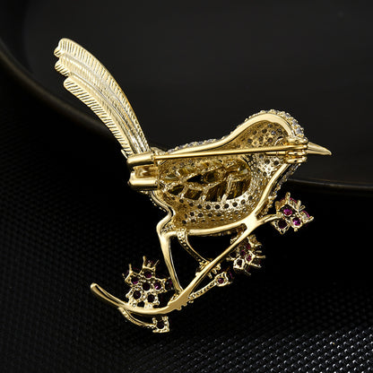 Gold Zircon Bird Cherry Bloom Brooch