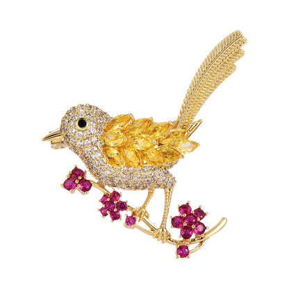 Gold Zircon Bird Cherry Bloom Brooch