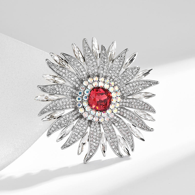 Crystal Ruby Sunflower Brooch