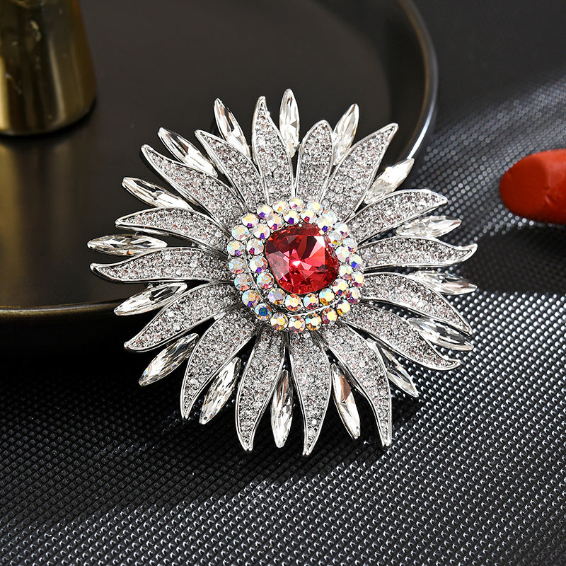 Crystal Ruby Sunflower Brooch