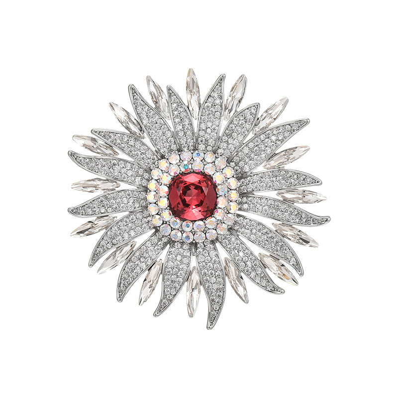 Crystal Ruby Sunflower Brooch