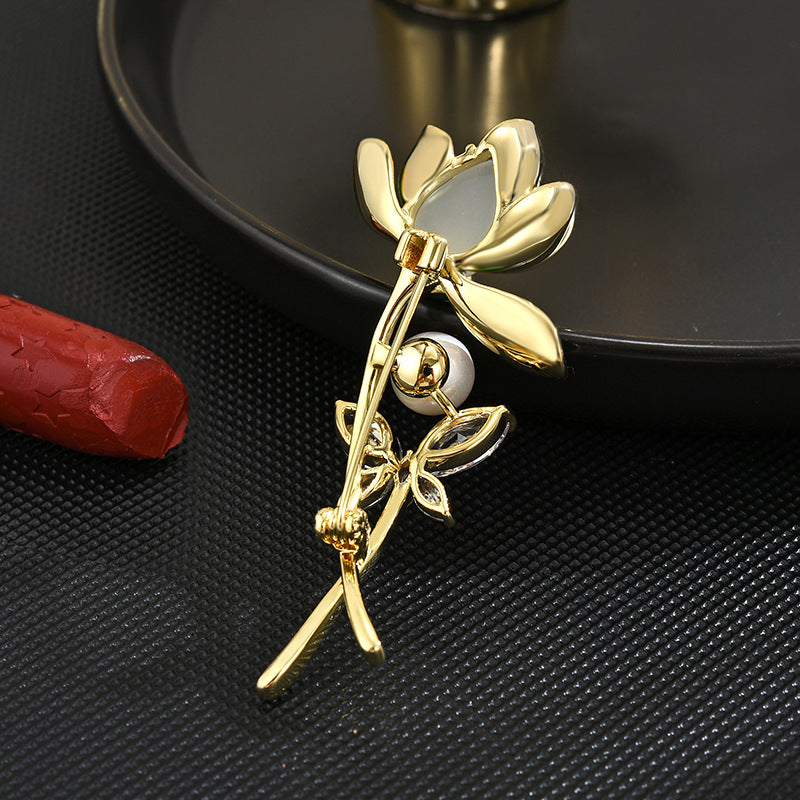 Green Magnolia Beads Zirconia Butterfly Brooch