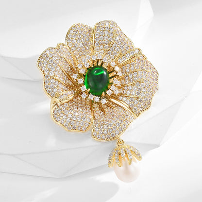 Emerald Zircon Camellia Brooch