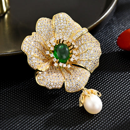 Emerald Zircon Camellia Brooch