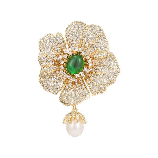 Emerald Zircon Camellia Brooch