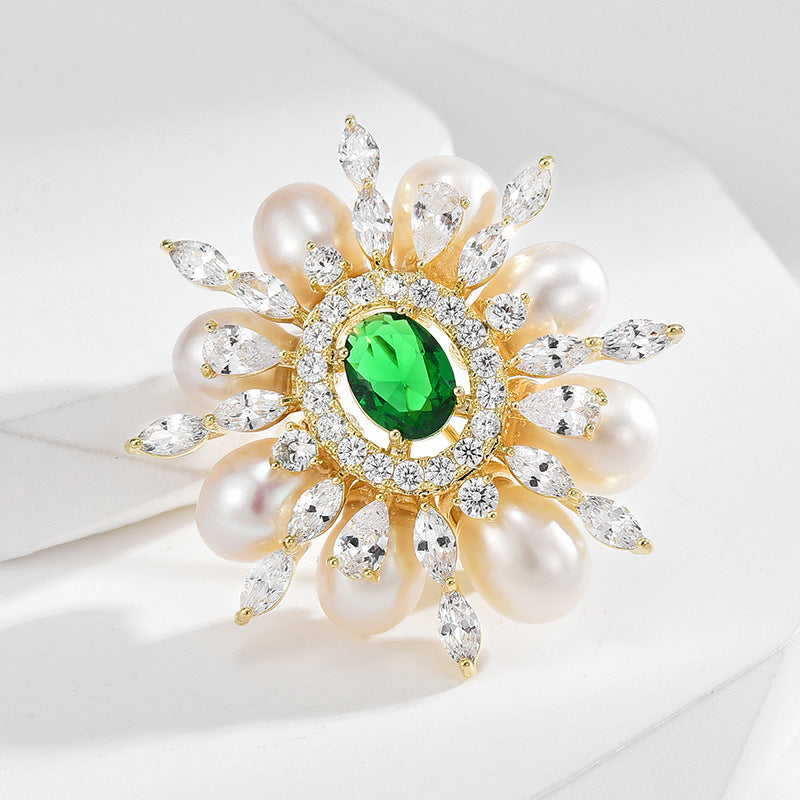 Emerald Freshwater Pearl Brooch