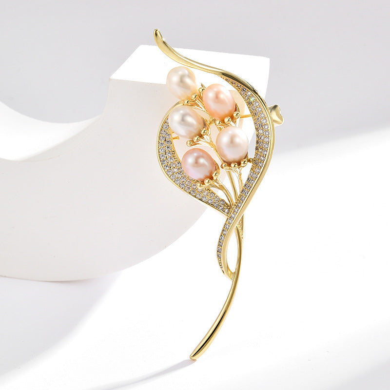 Zircon Freshwater Pearl Gold Floral Brooch