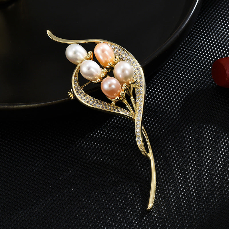 Zircon Freshwater Pearl Gold Floral Brooch