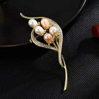 Zircon Freshwater Pearl Gold Floral Brooch